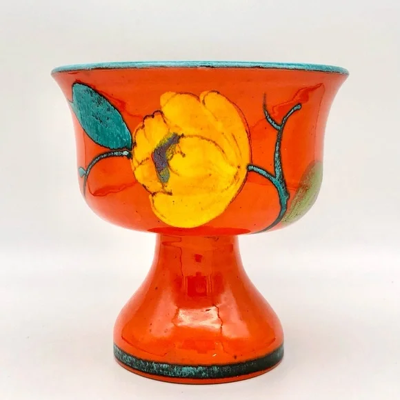 Italian Art Pottery Compote Planter Atomic Orange Pedestal Bowl Vase MCM Italy